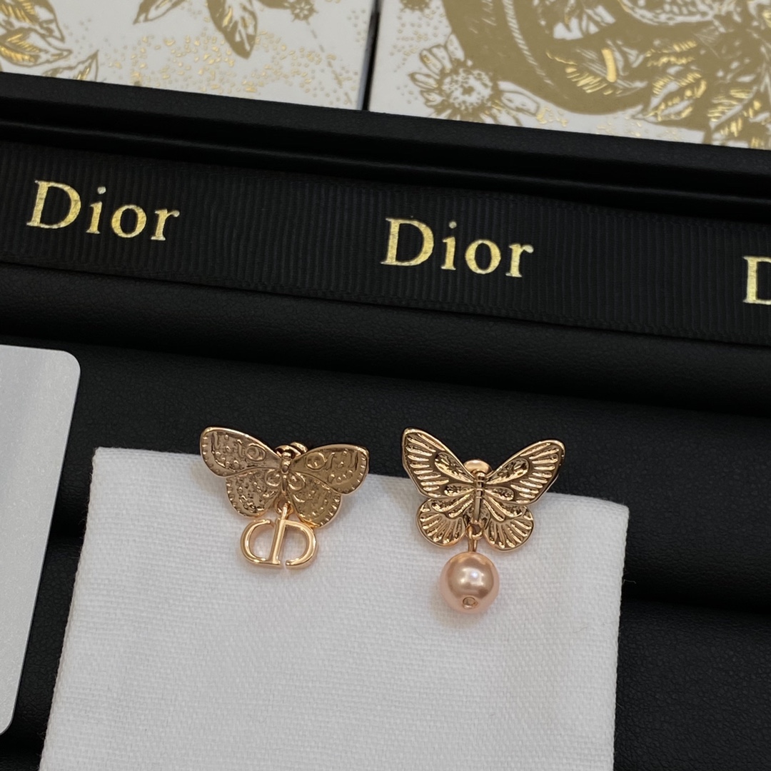 [TOP] Christian Dior Butterfly/Pearl Earrings - Rose Gold