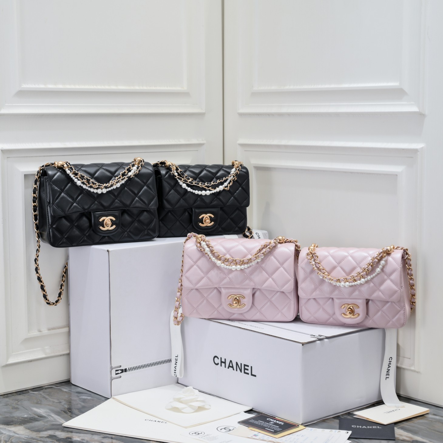 [TOP] CHANEL Classic Lambskin Flap Bags 17cm/19.5cm - Black/Pink - GHW
