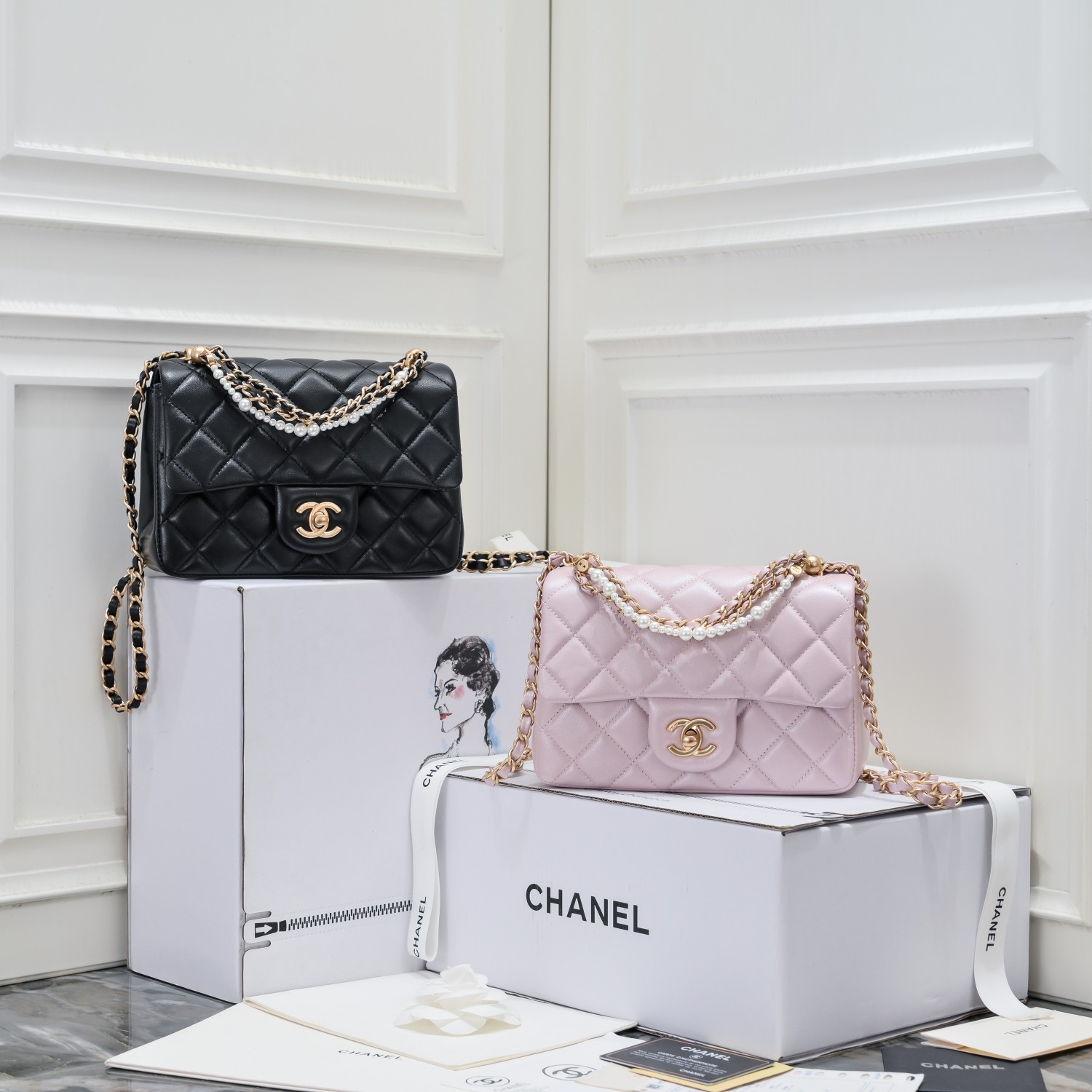 [TOP] CHANEL Classic Lambskin Flap Bags 17cm/19.5cm - Black/Pink - GHW