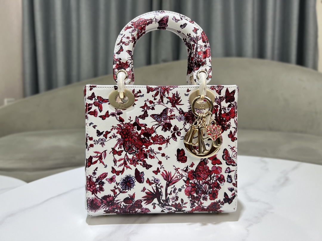 [TOP] Christian Dior White Calfskin leather Lady Dior Bags 20x17x8CM - Red - GHW