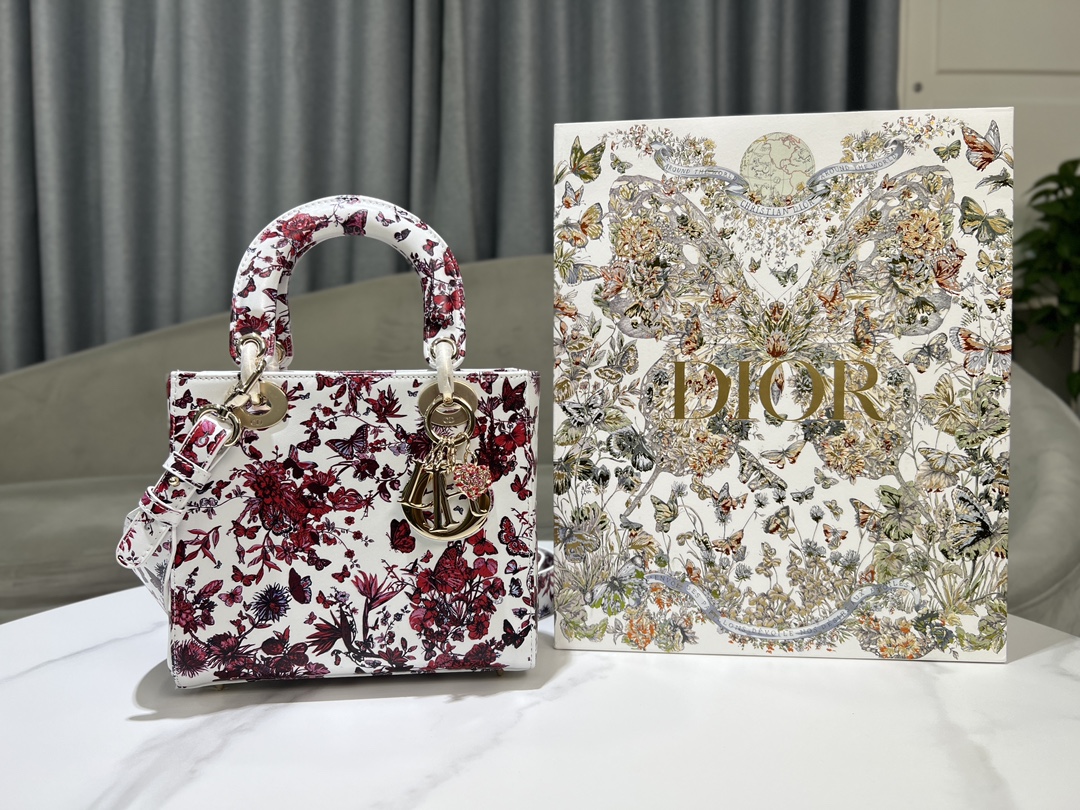 [TOP] Christian Dior White Calfskin leather Lady Dior Bags 20x17x8CM - Red - GHW