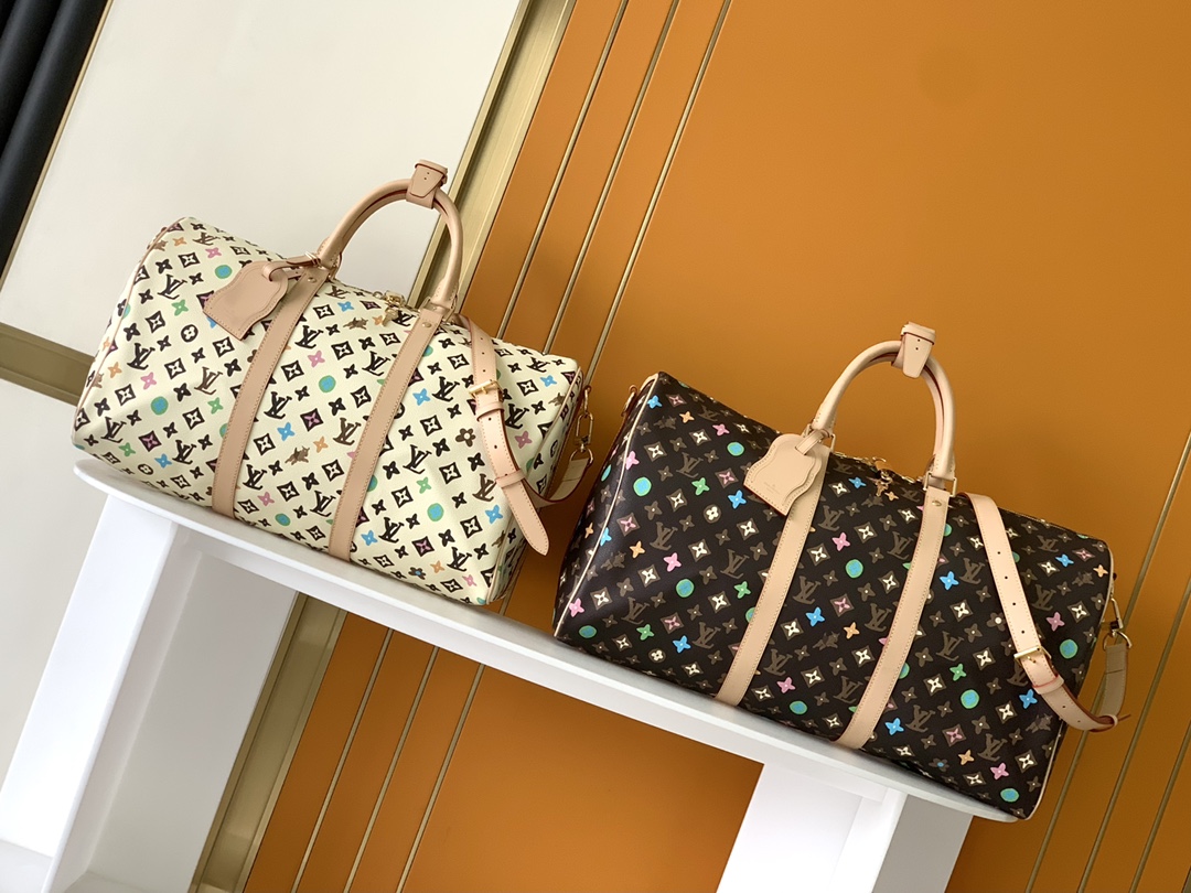 [TOP] Louis Vuitton LV Damier Graphite Leather Keepall Bag 50cm