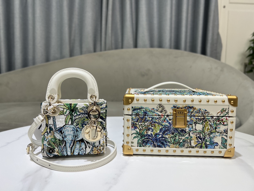 [TOP] Christian Dior White Calfskin Leather Lady Dior Bags+Storage Box - GHW
