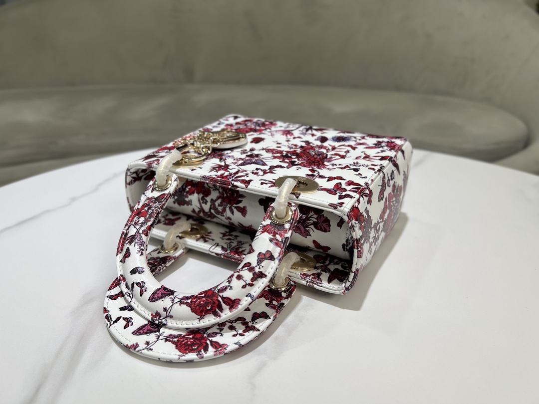 [TOP] Christian Dior White Calfskin leather Lady Dior Bags 20x17x8CM - Red - GHW