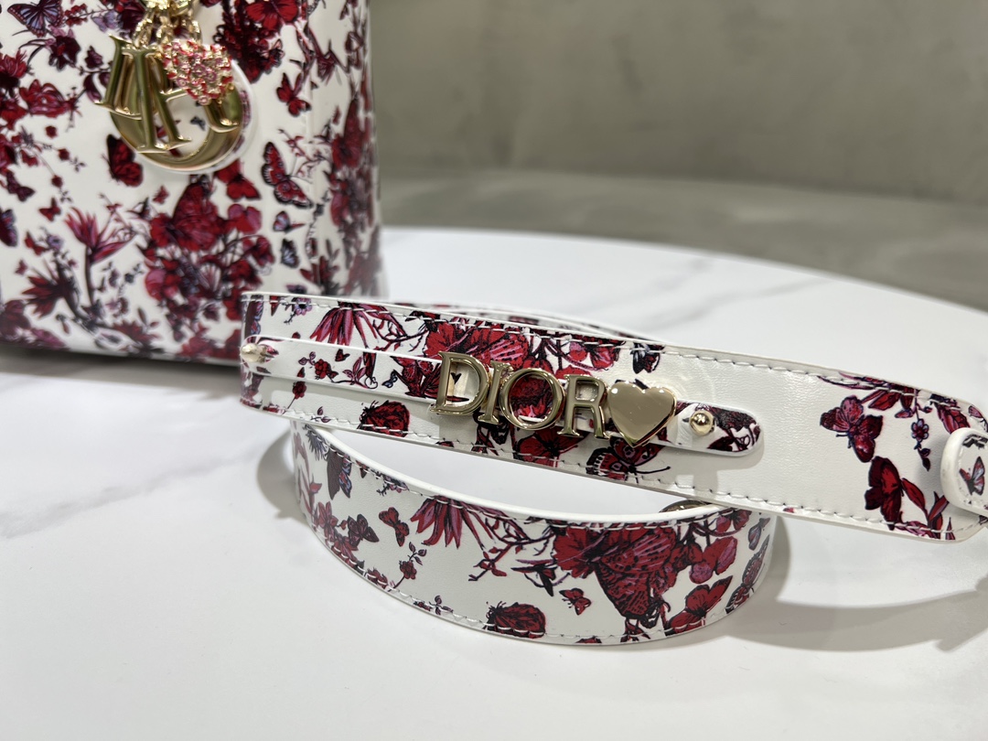 [TOP] Christian Dior White Calfskin leather Lady Dior Bags 20x17x8CM - Red - GHW