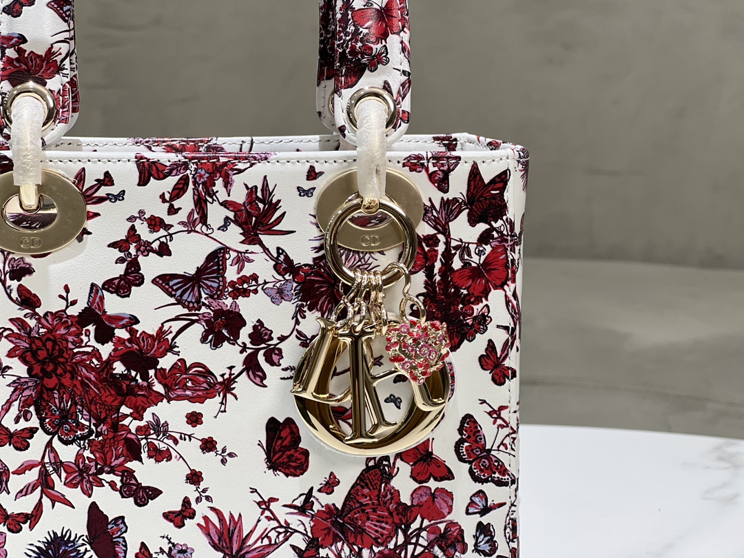 [TOP] Christian Dior White Calfskin leather Lady Dior Bags 20x17x8CM - Red - GHW