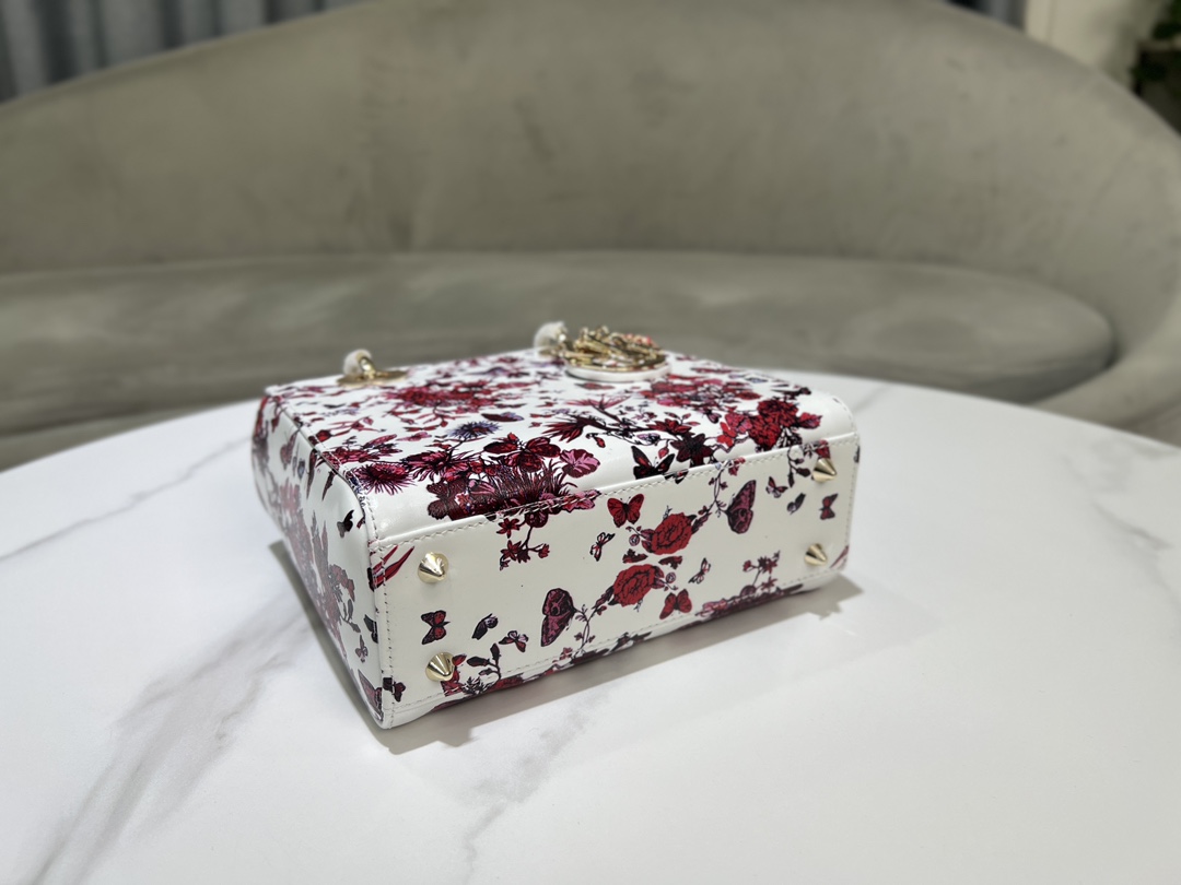 [TOP] Christian Dior White Calfskin leather Lady Dior Bags 20x17x8CM - Red - GHW