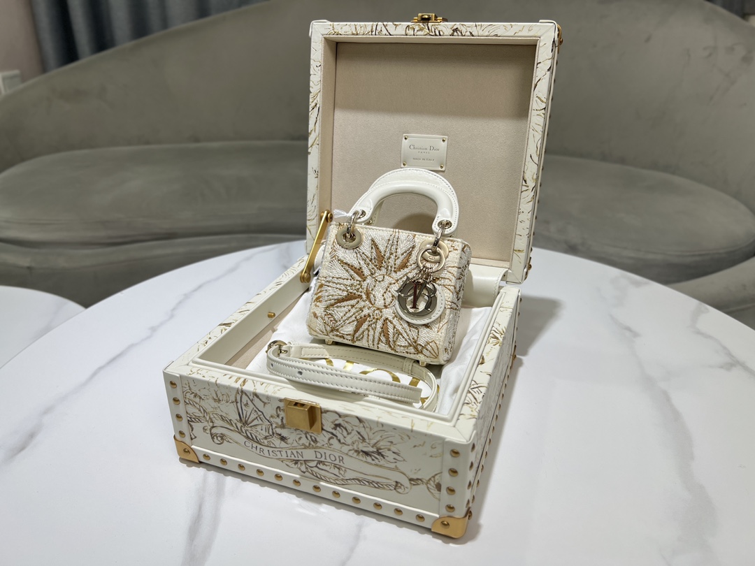 [TOP] Christian Dior White Calfskin Leather Lady Dior Bags+Storage Box - GHW