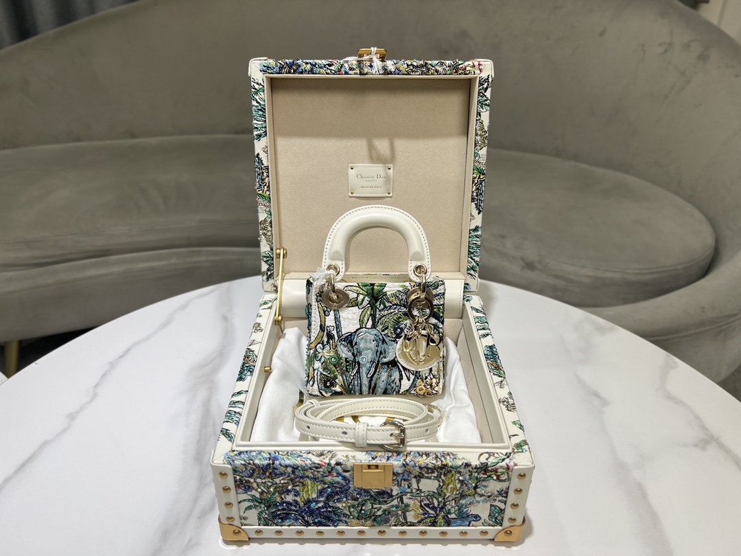 [TOP] Christian Dior White Calfskin Leather Lady Dior Bags+Storage Box - GHW