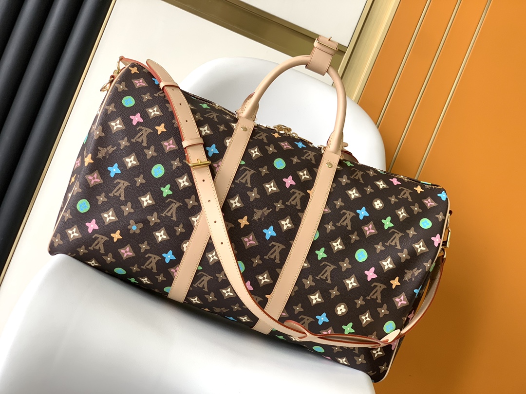 [TOP] Louis Vuitton LV Damier Graphite Leather Keepall Bag 50cm