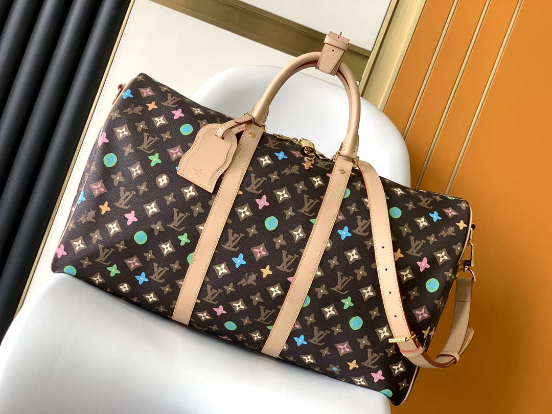 [TOP] Louis Vuitton LV Damier Graphite Leather Keepall Bag 50cm