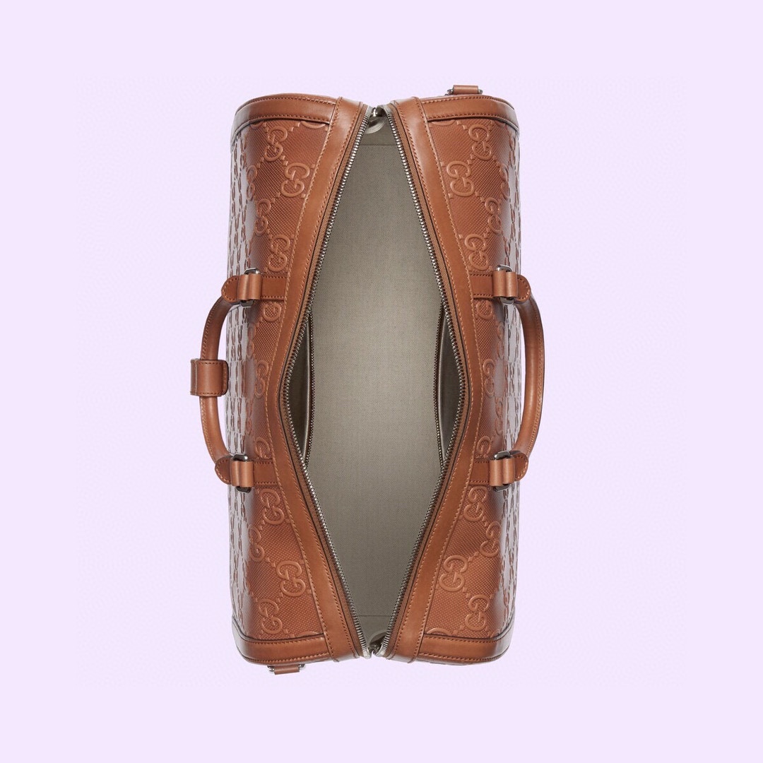 [TOP] GUCCI Calfskin Printed Embossed Travel Bag 45x29x25cm - Brown