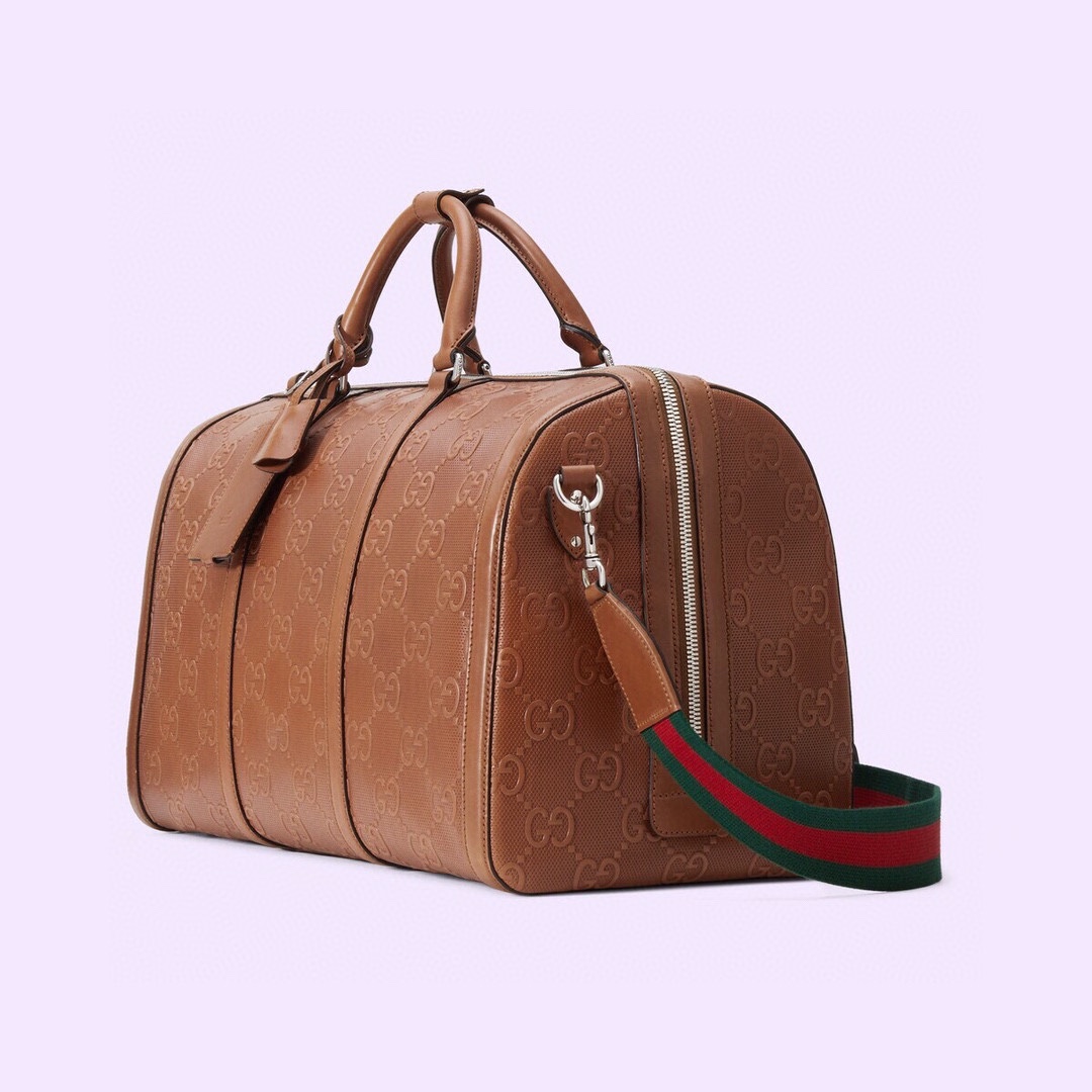 [TOP] GUCCI Calfskin Printed Embossed Travel Bag 45x29x25cm - Brown