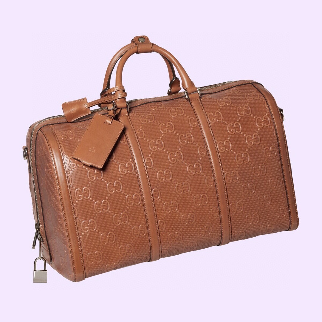 [TOP] GUCCI Calfskin Printed Embossed Travel Bag 45x29x25cm - Brown