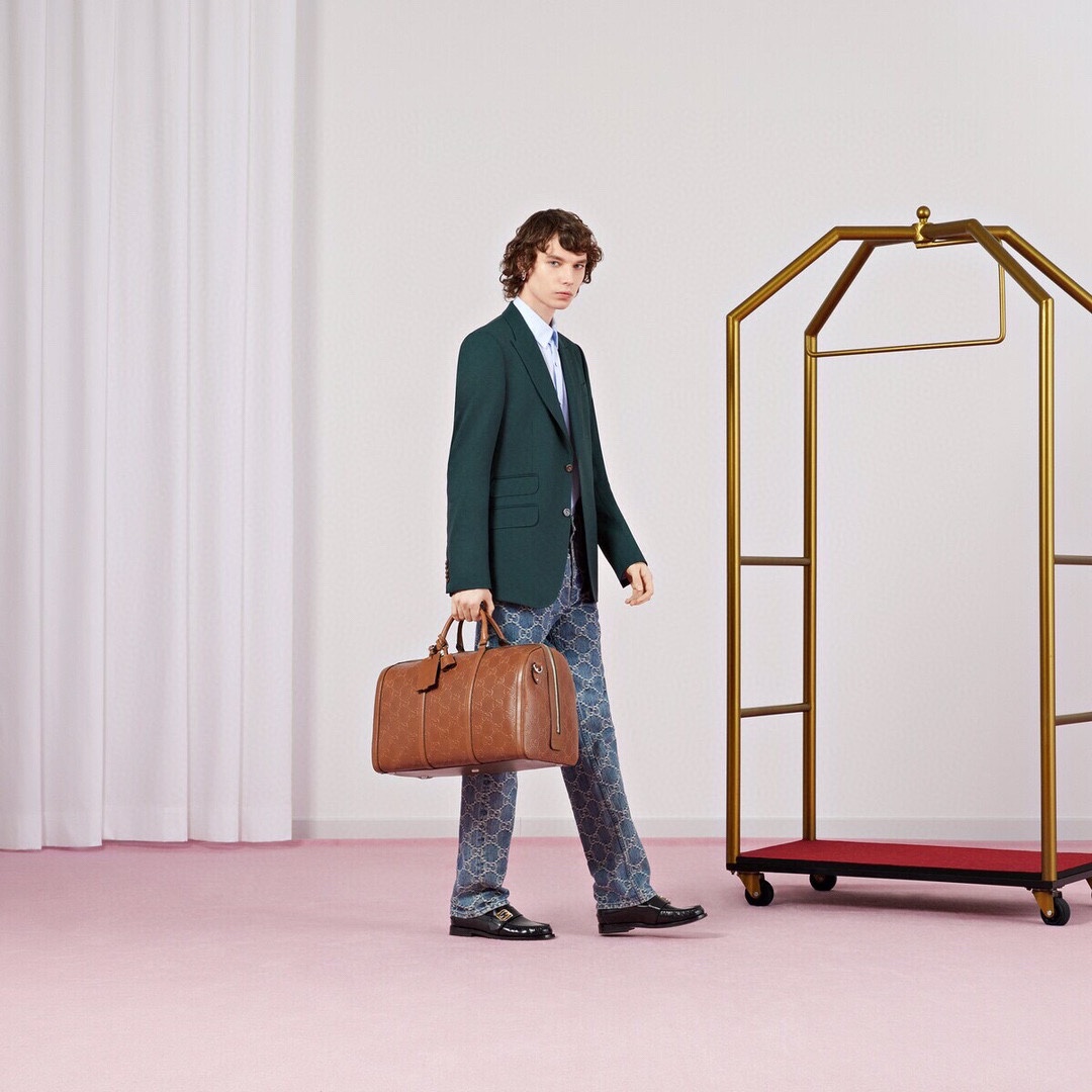 [TOP] GUCCI Calfskin Printed Embossed Travel Bag 45x29x25cm - Brown