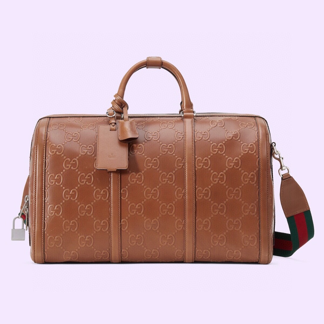 [TOP] GUCCI Calfskin Printed Embossed Travel Bag 45x29x25cm - Brown
