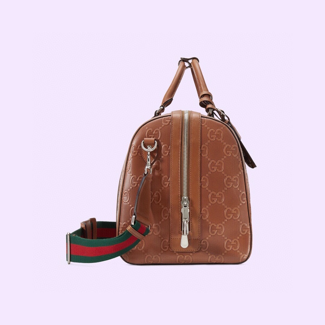[TOP] GUCCI Calfskin Printed Embossed Travel Bag 45x29x25cm - Brown