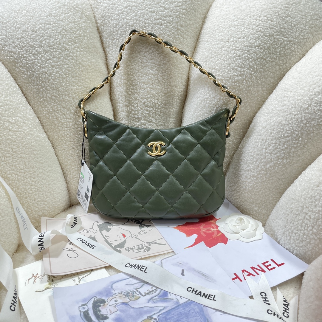 [TOP] CHANEL Lambskin Hobo Bag 17.5X24X6cm - Military Green&GHW