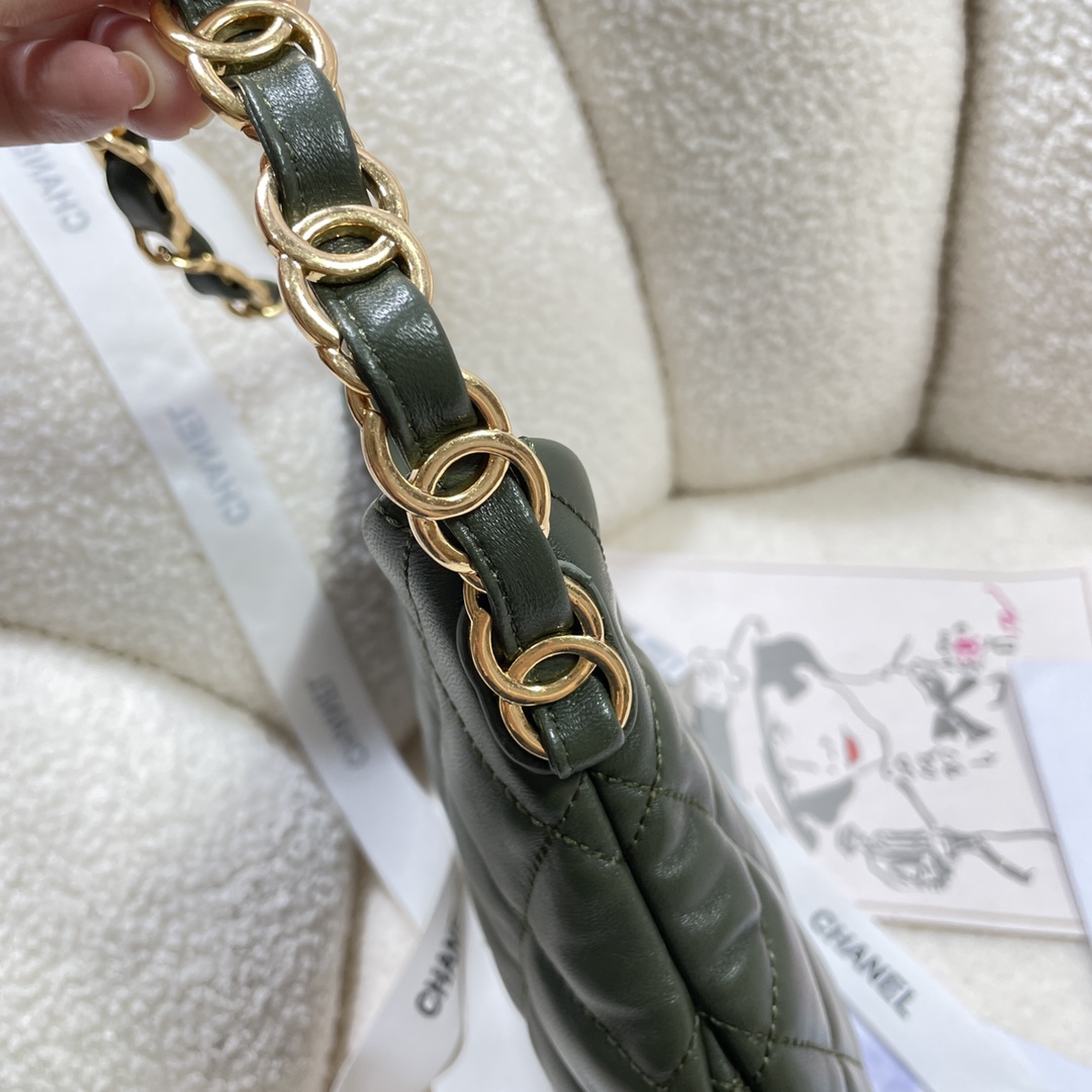 [TOP] CHANEL Lambskin Hobo Bag 17.5X24X6cm - Military Green&GHW