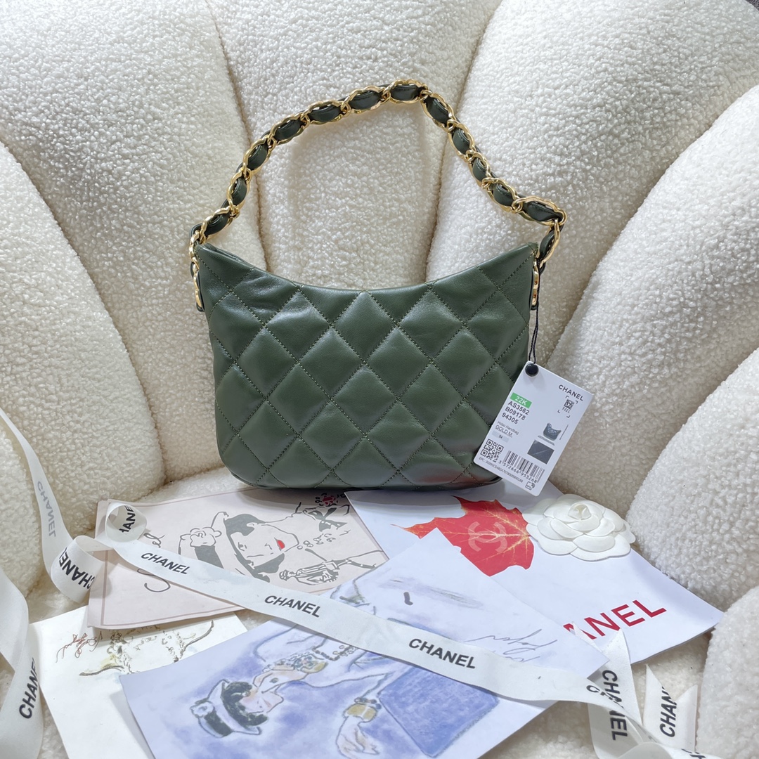 [TOP] CHANEL Lambskin Hobo Bag 17.5X24X6cm - Military Green&GHW