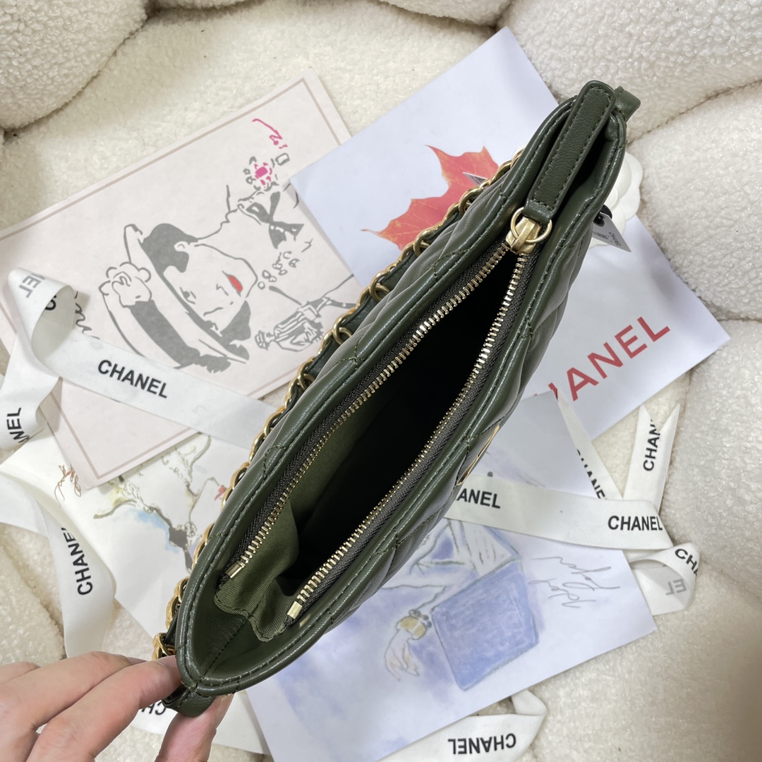 [TOP] CHANEL Lambskin Hobo Bag 17.5X24X6cm - Military Green&GHW