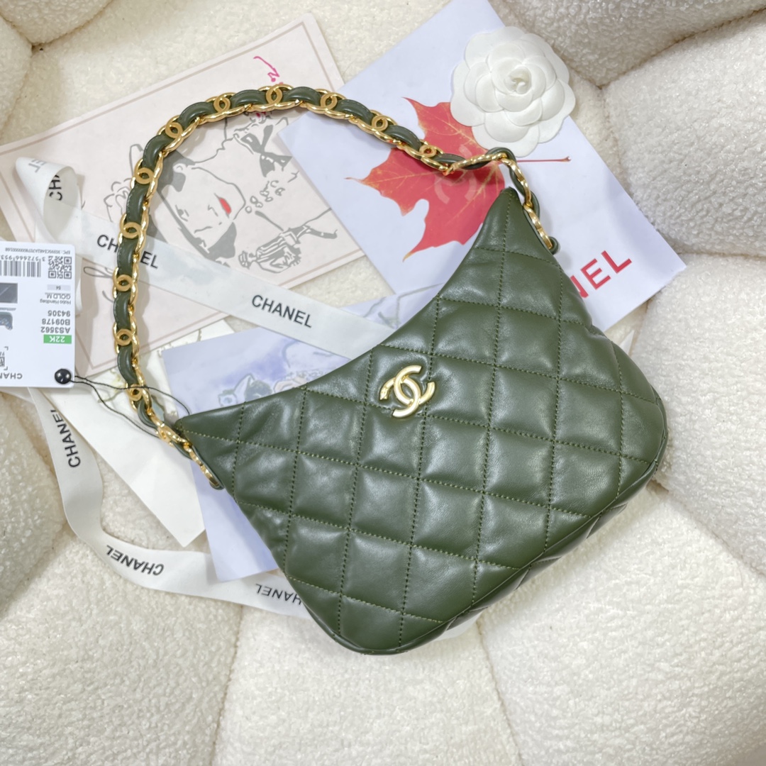 [TOP] CHANEL Lambskin Hobo Bag 17.5X24X6cm - Military Green&GHW