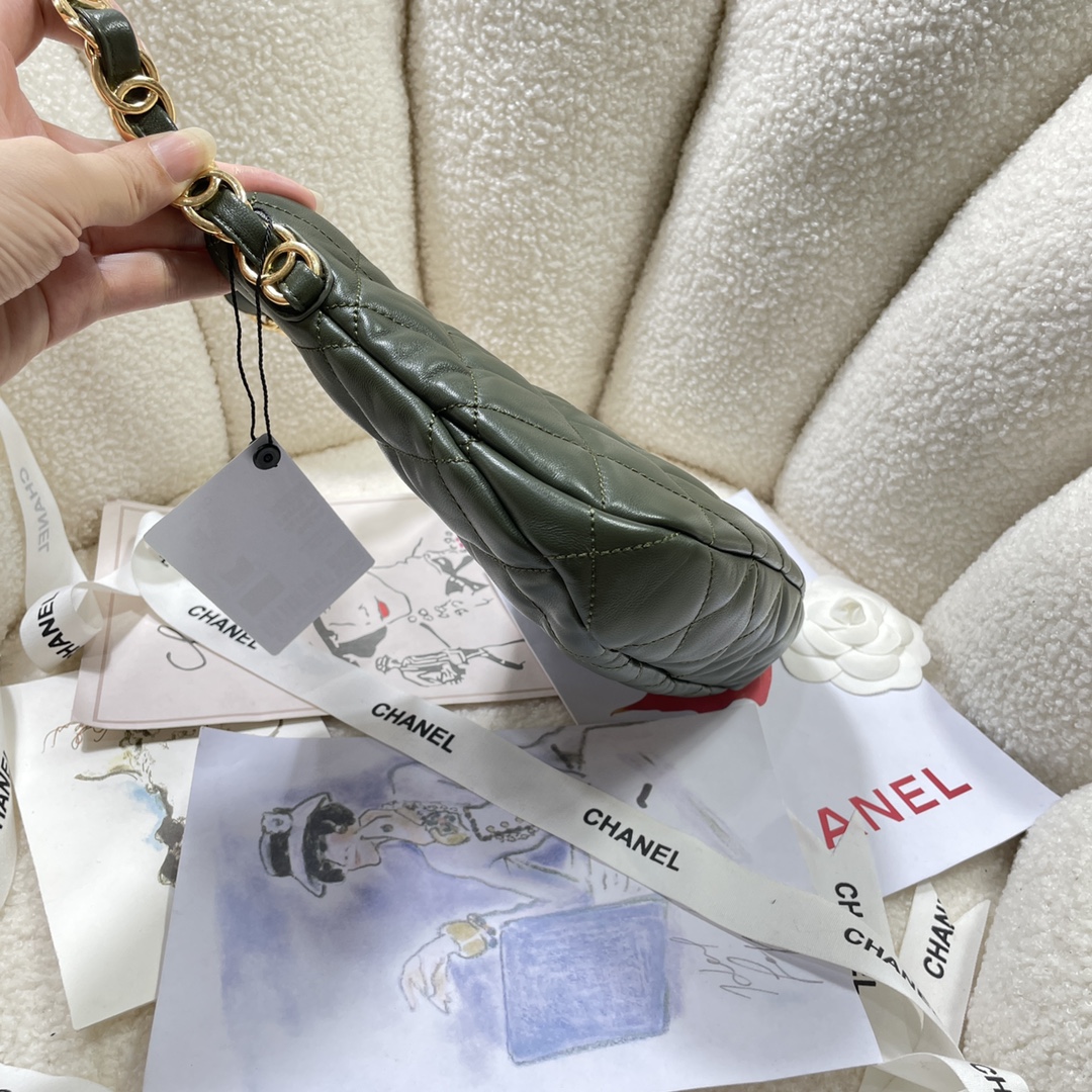 [TOP] CHANEL Lambskin Hobo Bag 17.5X24X6cm - Military Green&GHW