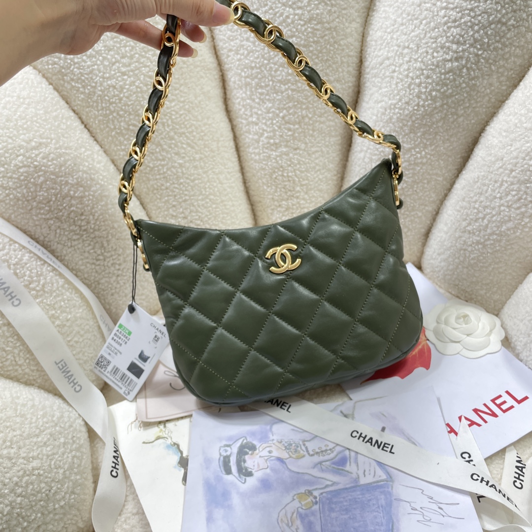 [TOP] CHANEL Lambskin Hobo Bag 17.5X24X6cm - Military Green&GHW