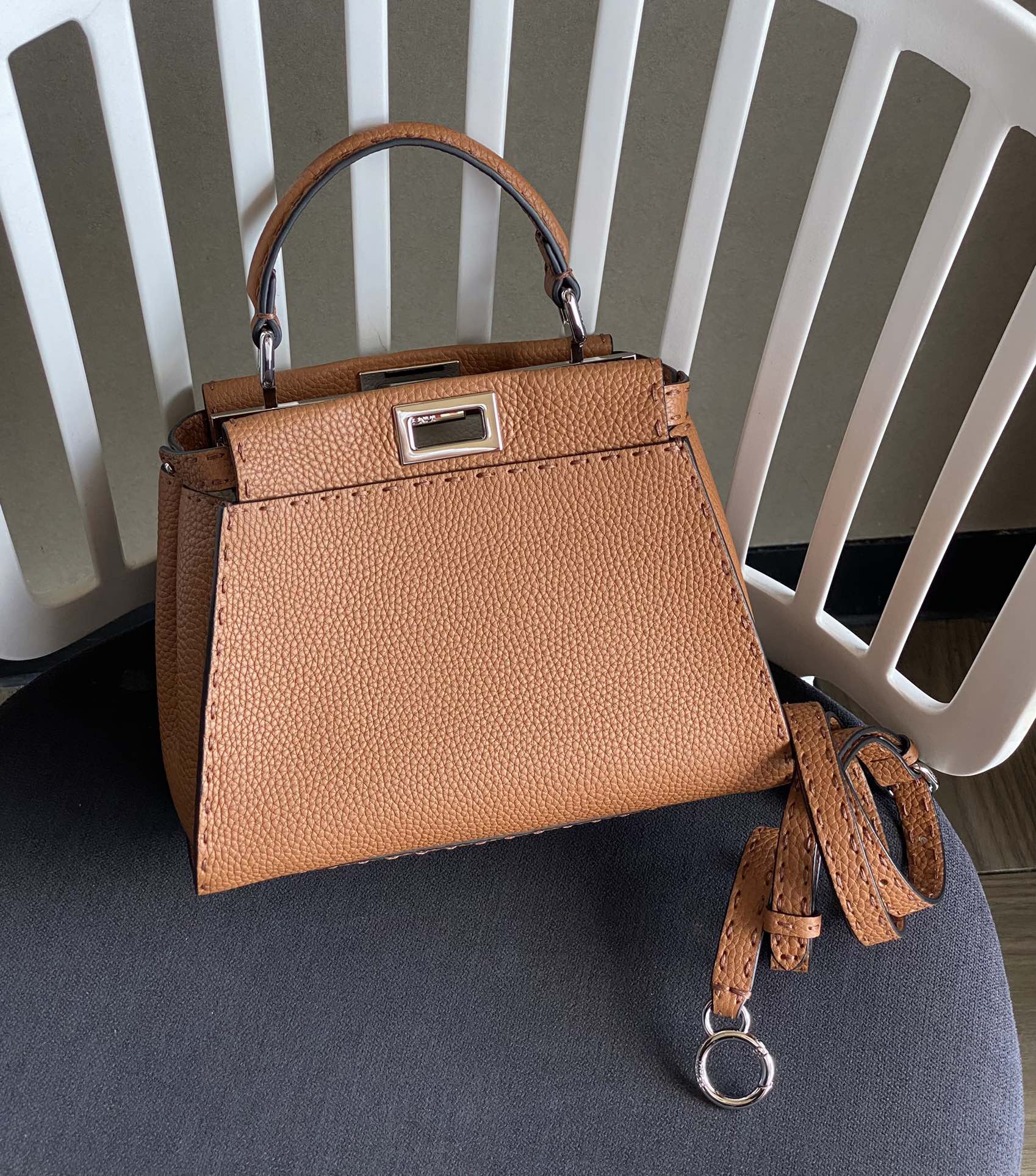 [TOP]FENDI Calfskin Iconic Mini Peekaboo Bag 23×18×12cm - Brown&SHW