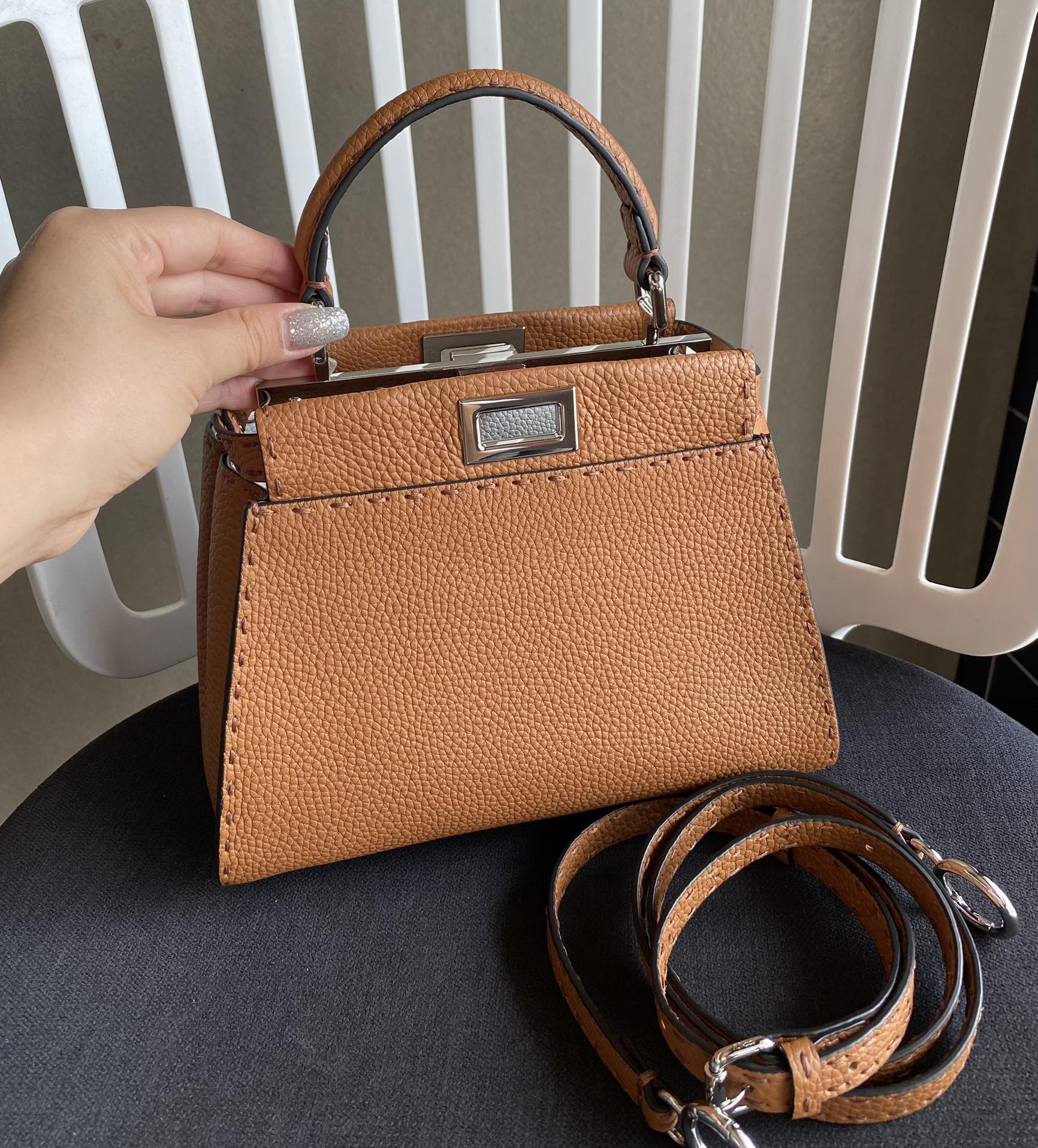 [TOP]FENDI Calfskin Iconic Mini Peekaboo Bag 23×18×12cm - Brown&SHW