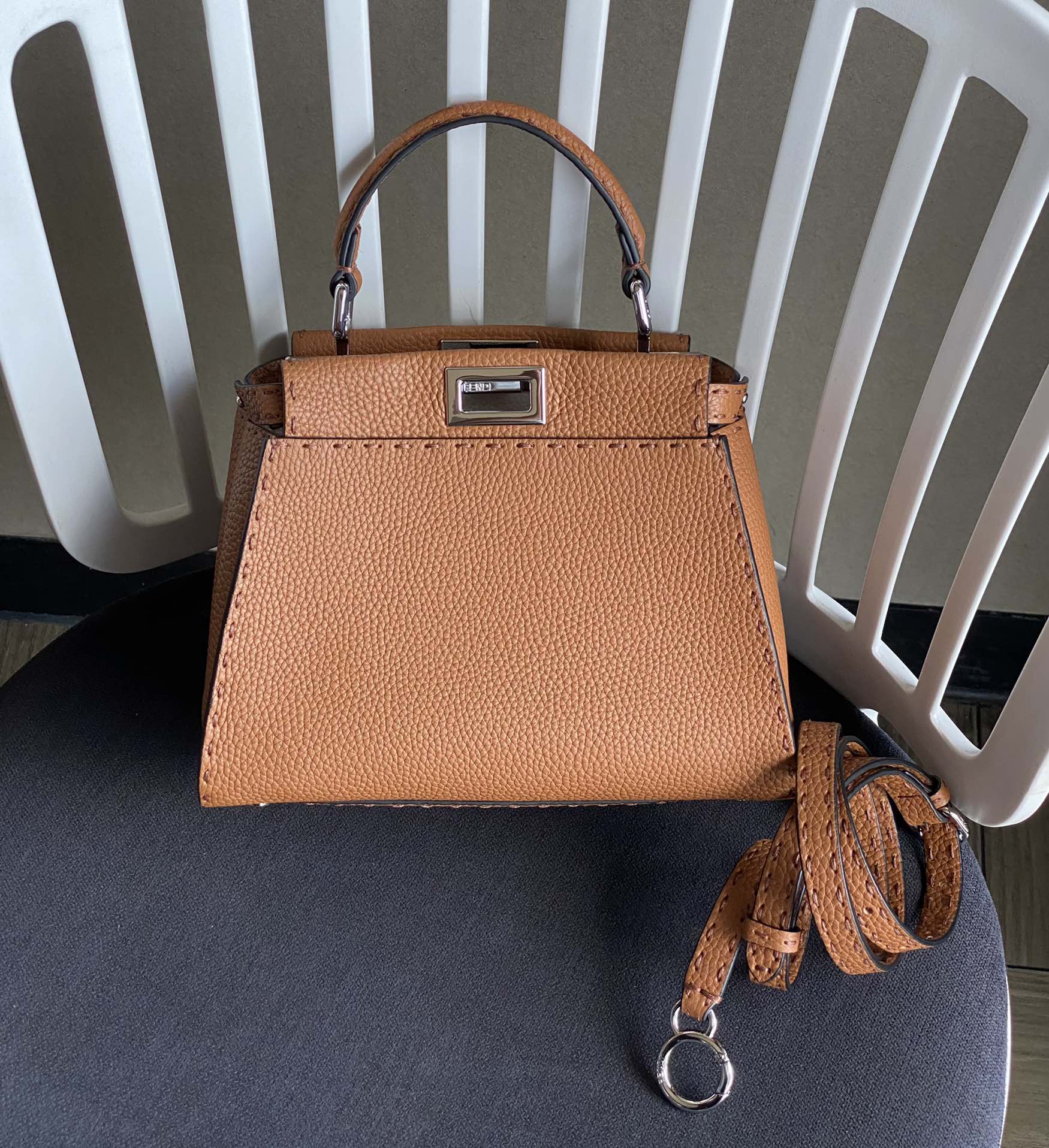 [TOP]FENDI Calfskin Iconic Mini Peekaboo Bag 23×18×12cm - Brown&SHW