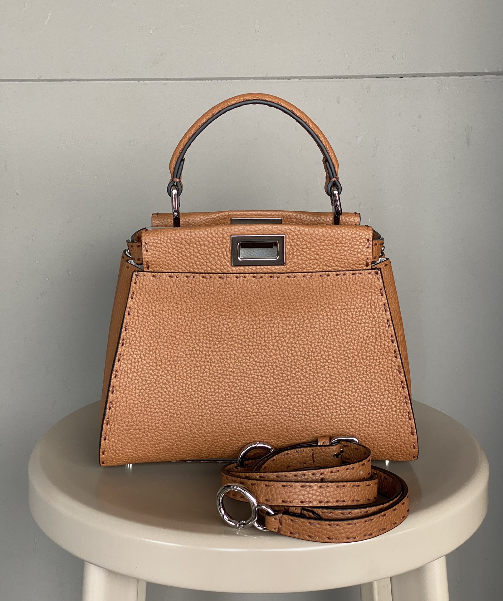 [TOP]FENDI Calfskin Iconic Mini Peekaboo Bag 23×18×12cm - Brown&SHW