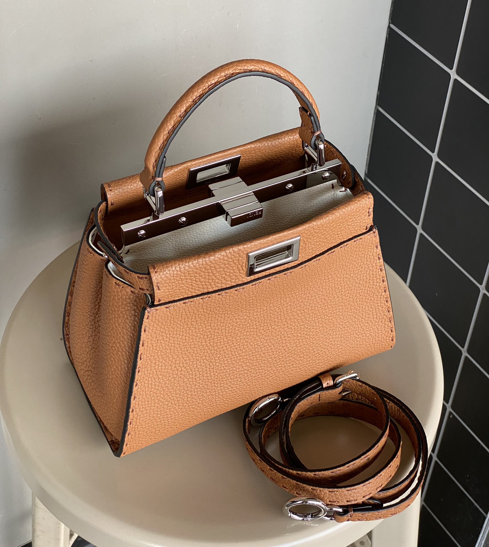 [TOP]FENDI Calfskin Iconic Mini Peekaboo Bag 23×18×12cm - Brown&SHW