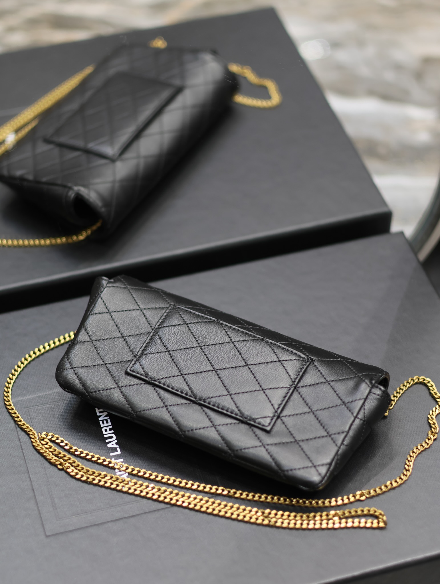 [TOP] Yves Saint Laurent YSL Lambskin Gaby Chain Bag - Black/White&GHW