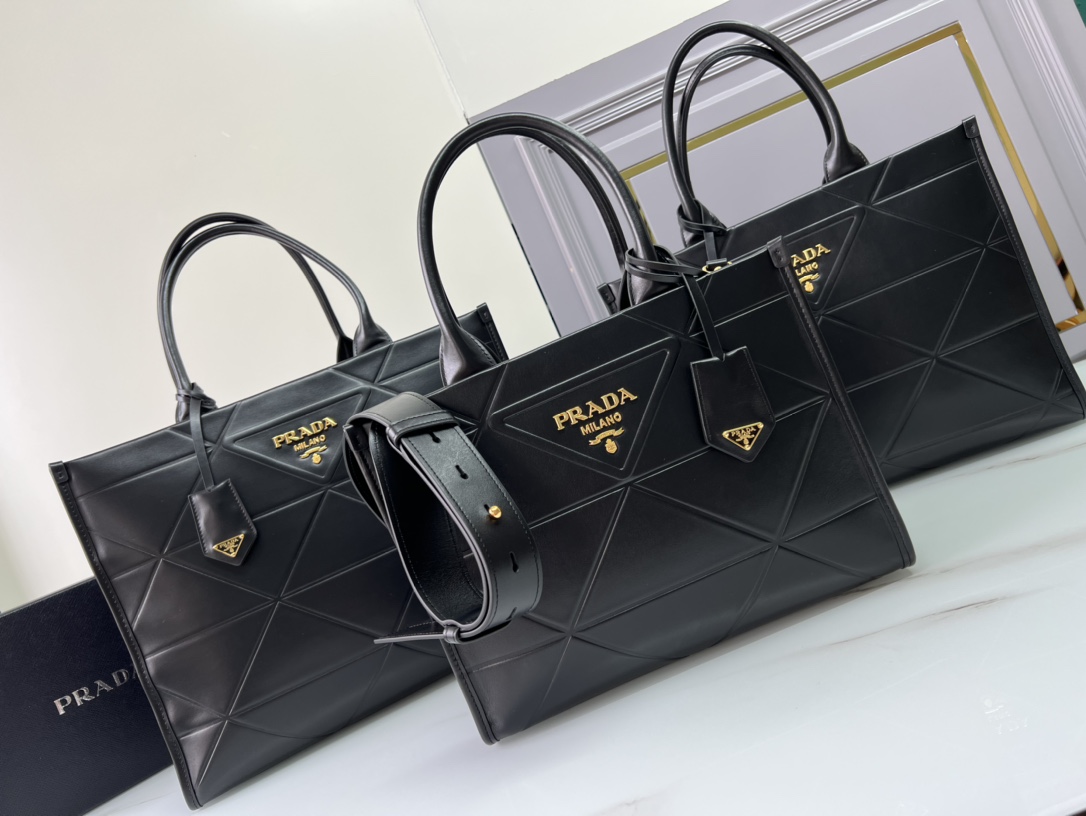 [TOP] PRADA Calfskin Tote Bags - Black - 30x23x9cm/35x27x10cm/39x30x12cm
