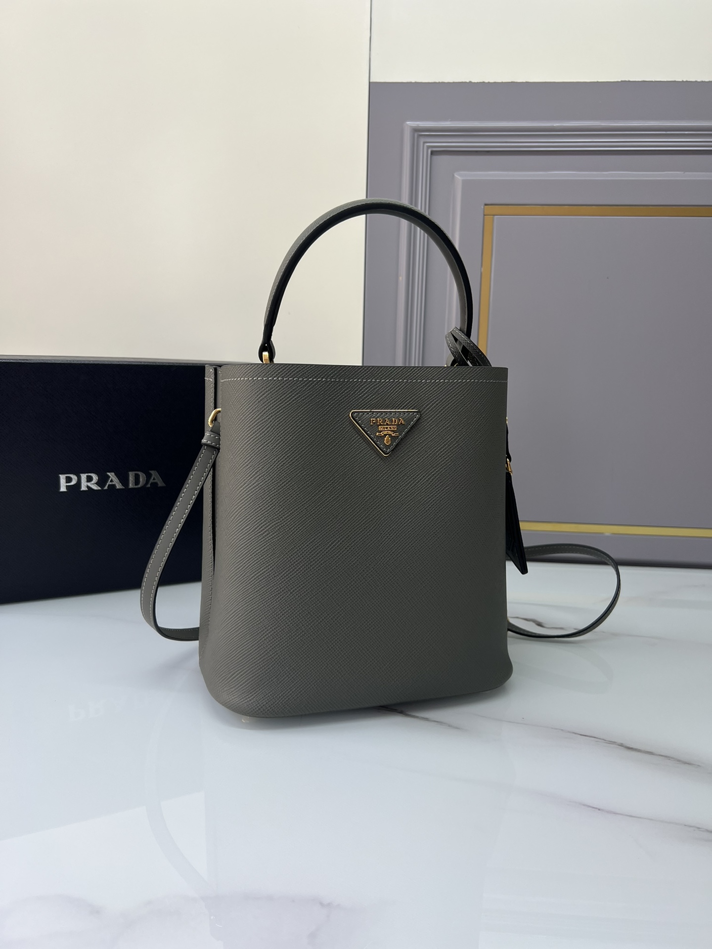 [TOP] PRADA Double Bucket Bag Saffiano Cross Pattern Cowhide 22x23x13cm - 4 Color