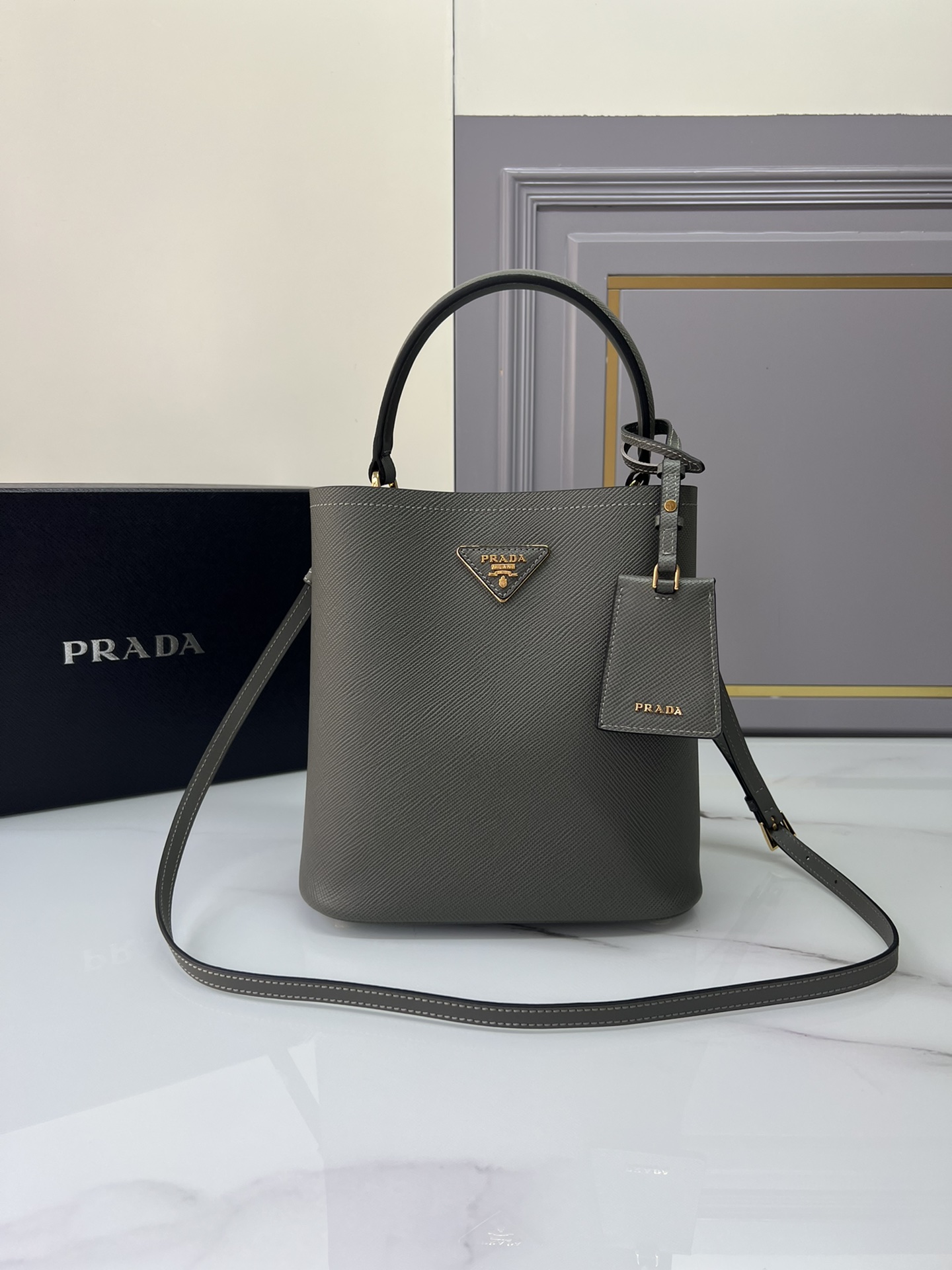 [TOP] PRADA Double Bucket Bag Saffiano Cross Pattern Cowhide 22x23x13cm - 4 Color