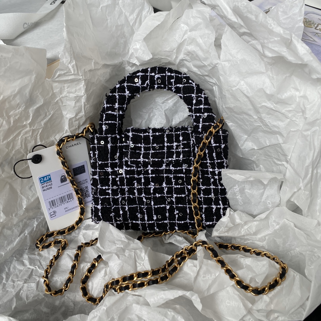 [TOP] CHANEL Woolen Bead Chain Bag 12cm - Black&GHW
