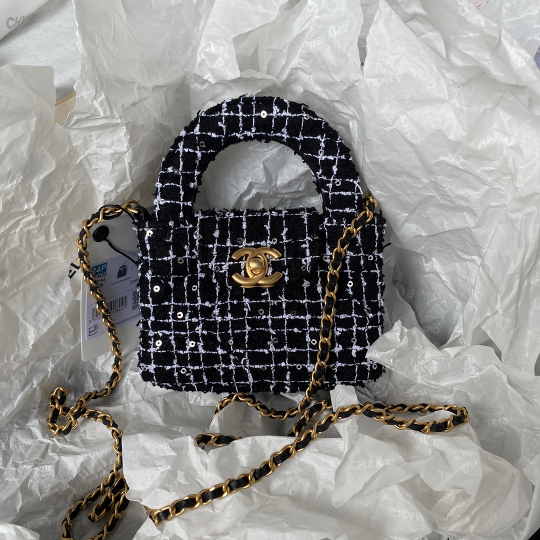 [TOP] CHANEL Woolen Bead Chain Bag 12cm - Black&GHW