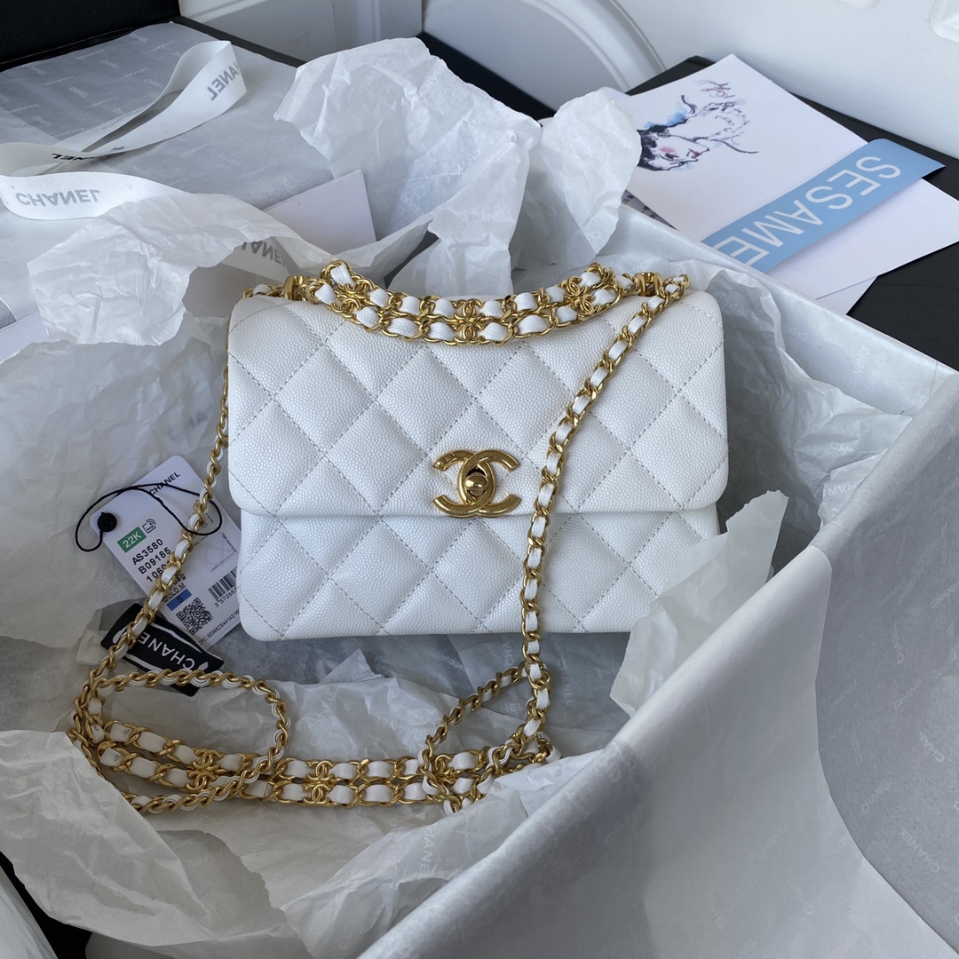 [TOP] CHANEL Litchi Calfskin Mini Flab Bags 20cm - Black/White - GHW