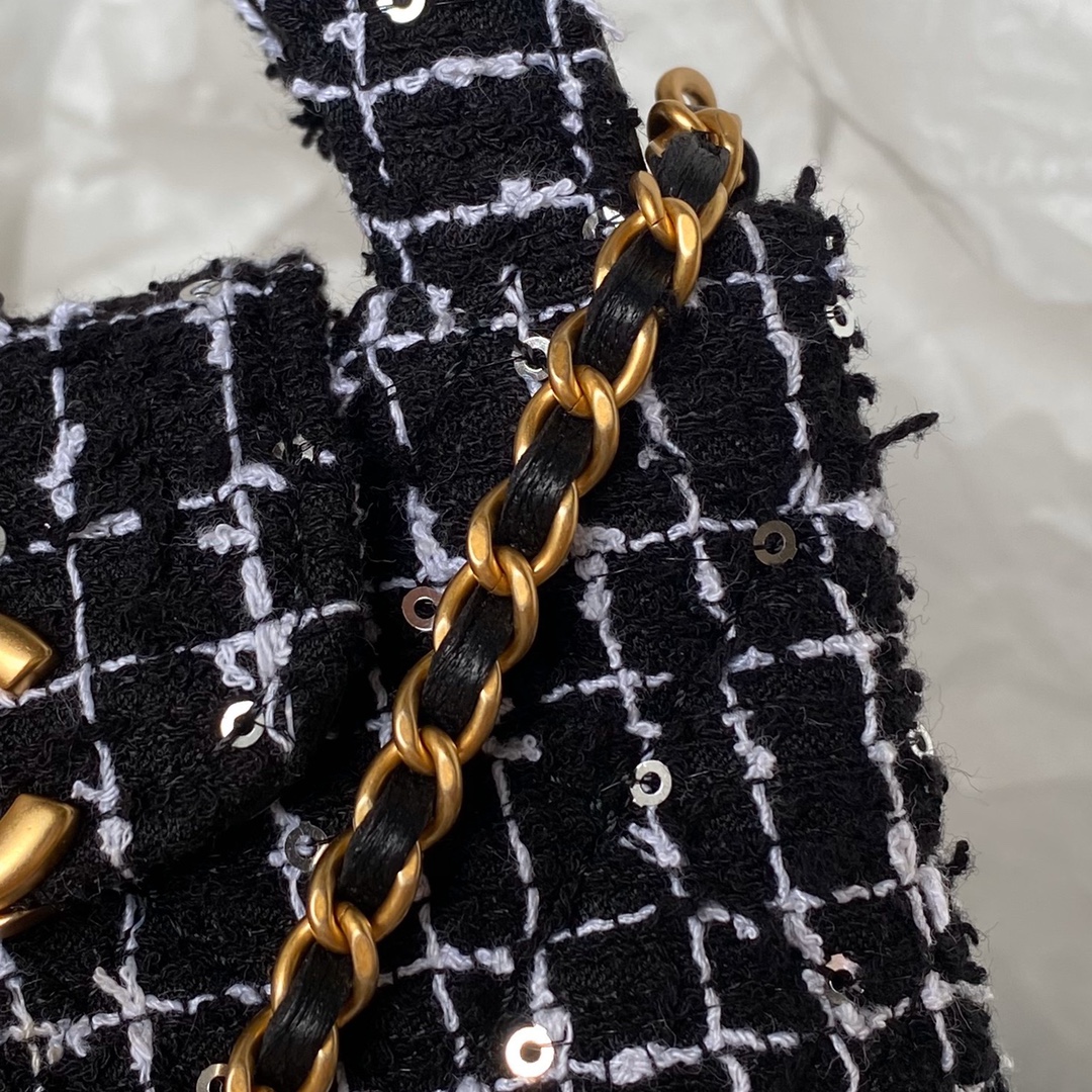 [TOP] CHANEL Woolen Bead Chain Bag 12cm - Black&GHW