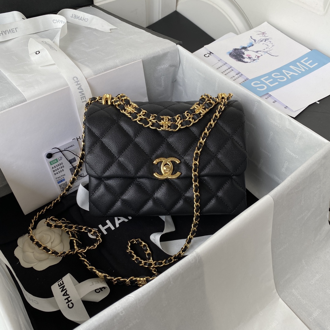 [TOP] CHANEL Litchi Calfskin Mini Flab Bags 20cm - Black/White - GHW