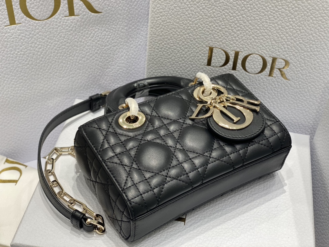 [TOP] Christian Dior Lady D-Joy Bag Lamskin MINI 16x6x10cm - Black