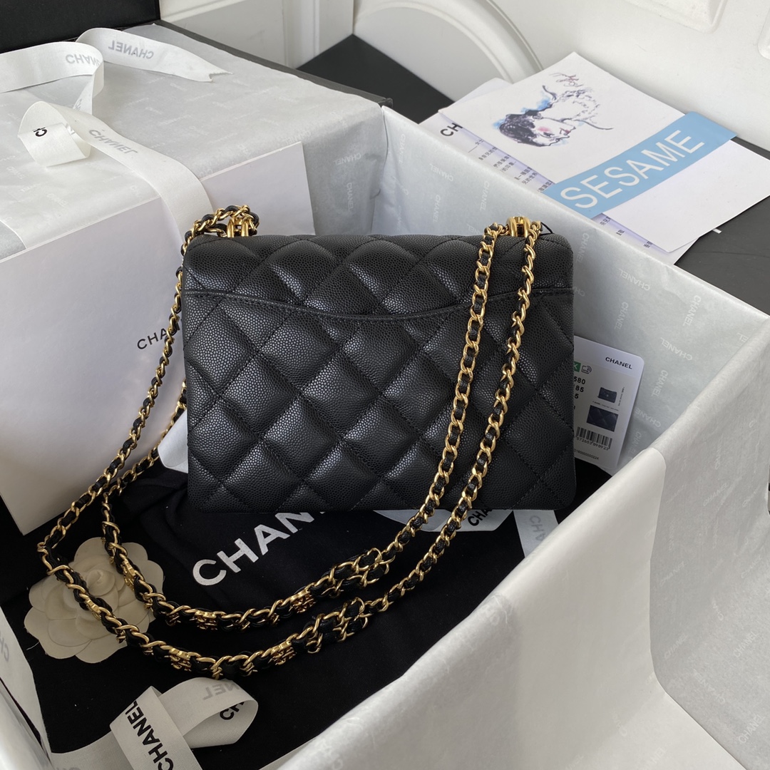 [TOP] CHANEL Litchi Calfskin Mini Flab Bags 20cm - Black/White - GHW