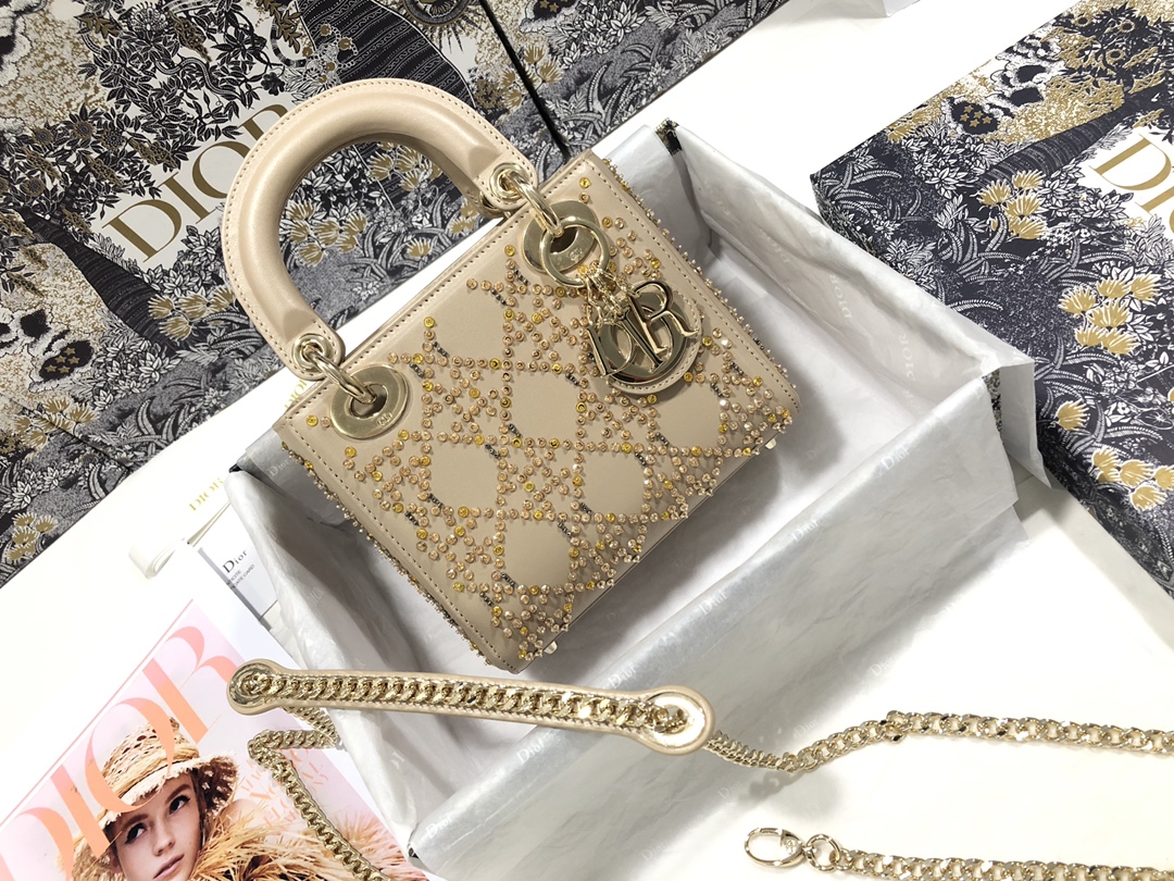 [TOP] Christian Dior Mini Lady Dior Embroidered Handbag - Apricot Color - GHW