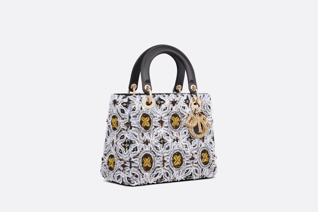 [TOP] Christian Dior Medium Lady Dior Embroidered Thin Gauze Beads - GHW - Black With White