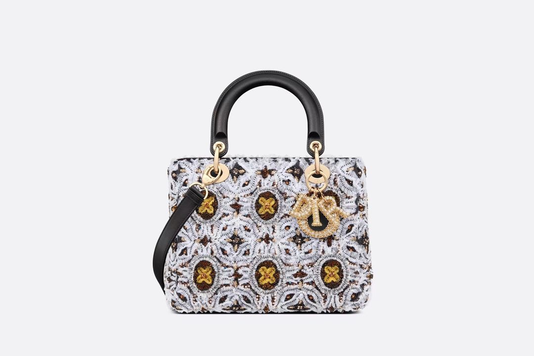 [TOP] Christian Dior Medium Lady Dior Embroidered Thin Gauze Beads - GHW - Black With White