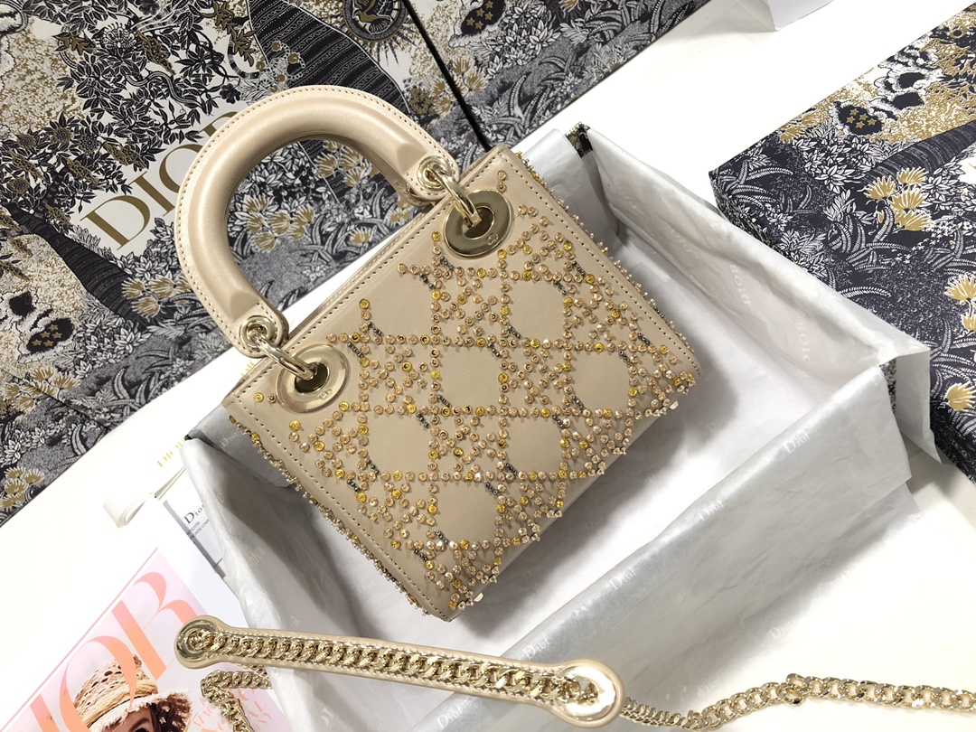 [TOP] Christian Dior Mini Lady Dior Embroidered Handbag - Apricot Color - GHW