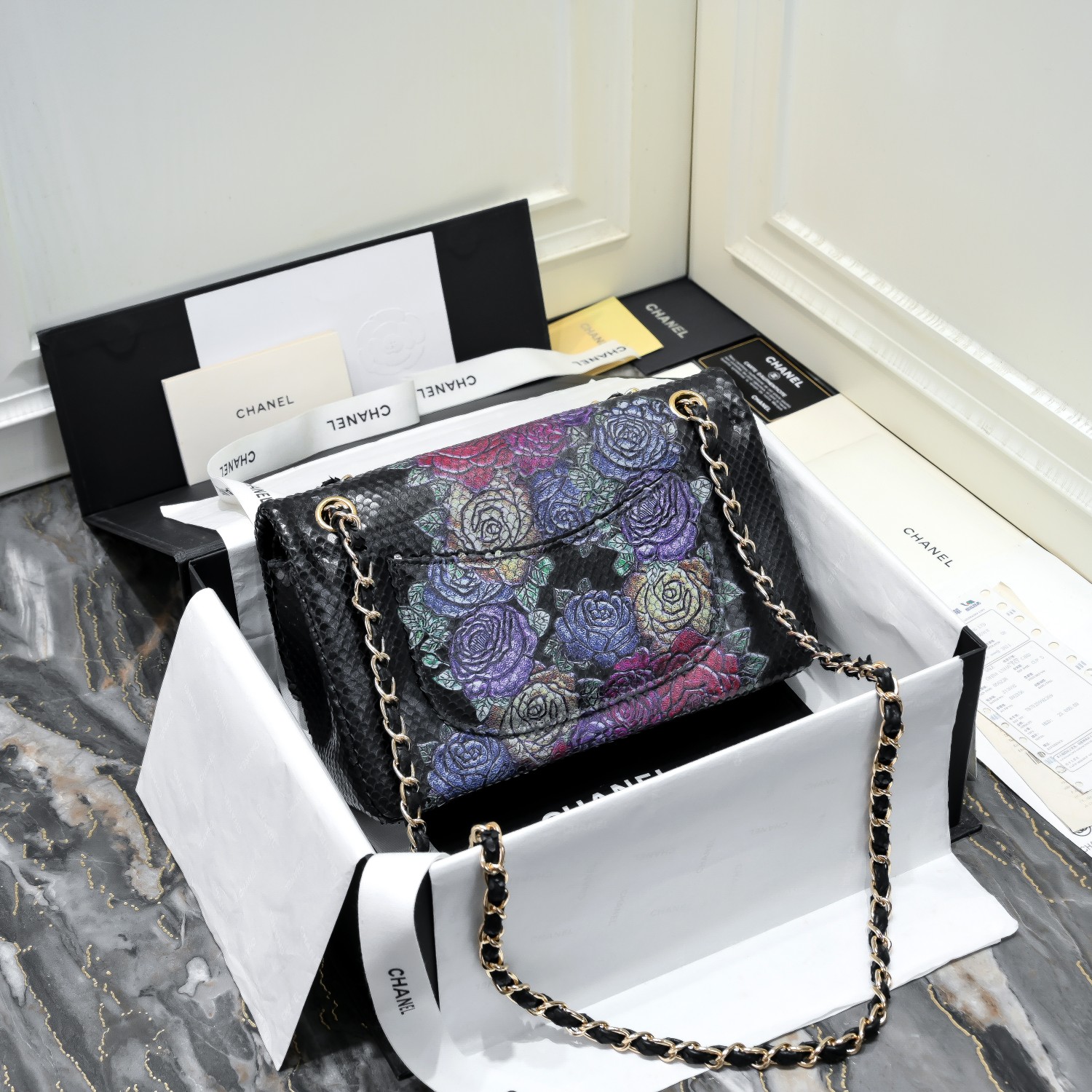 [TOP] CHANEL Snake Patterned Calfskin Medium Flab Bags 25.5x15.5x6.5cm - GHW