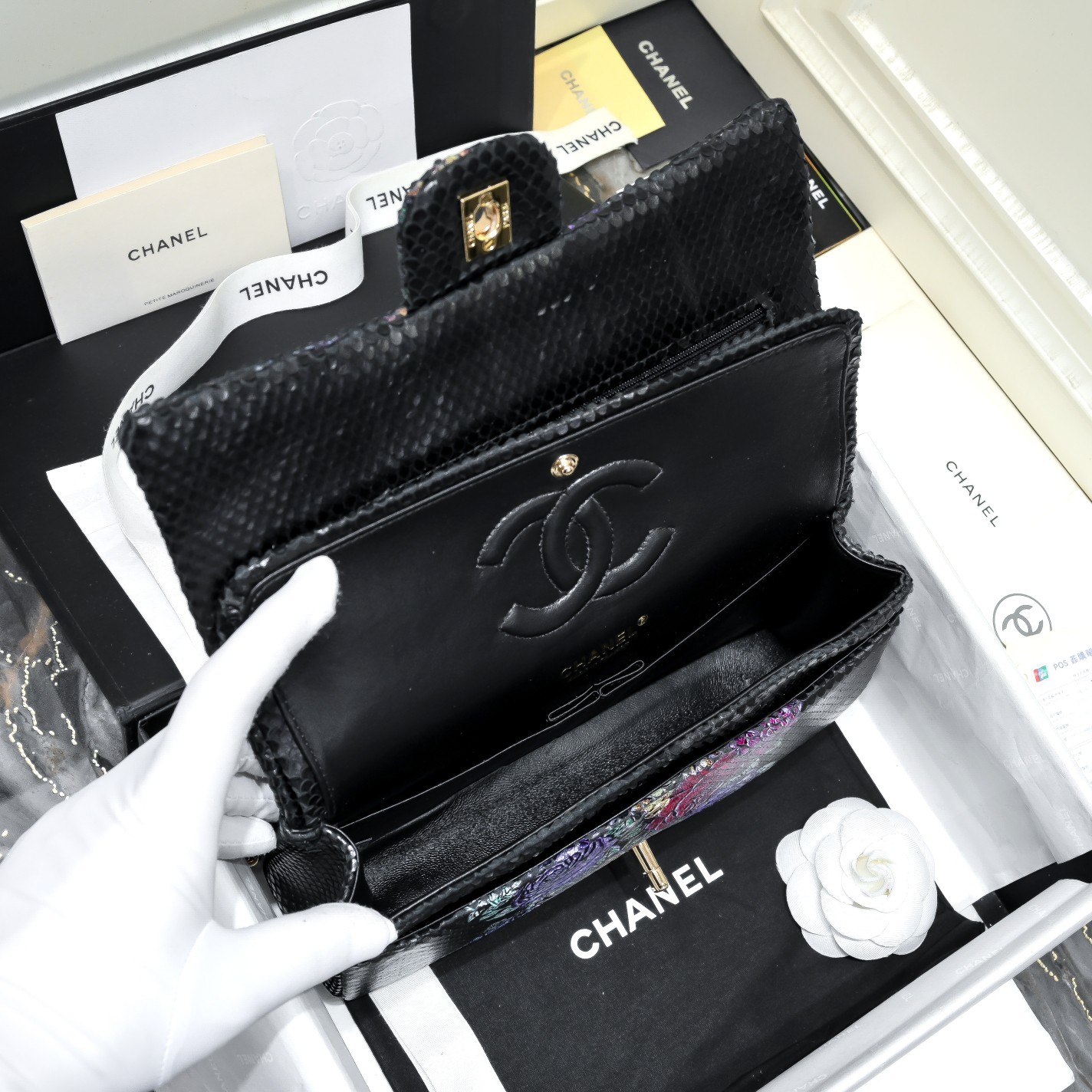 [TOP] CHANEL Snake Patterned Calfskin Medium Flab Bags 25.5x15.5x6.5cm - GHW